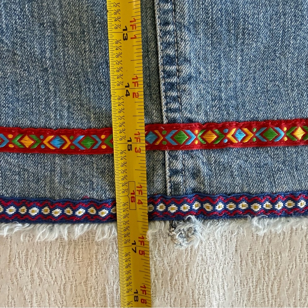 Denim Mini‎ Skirt Tribal Trim Frayed Hem Cotton Blue Size 9/10 - Picture 9 of 15